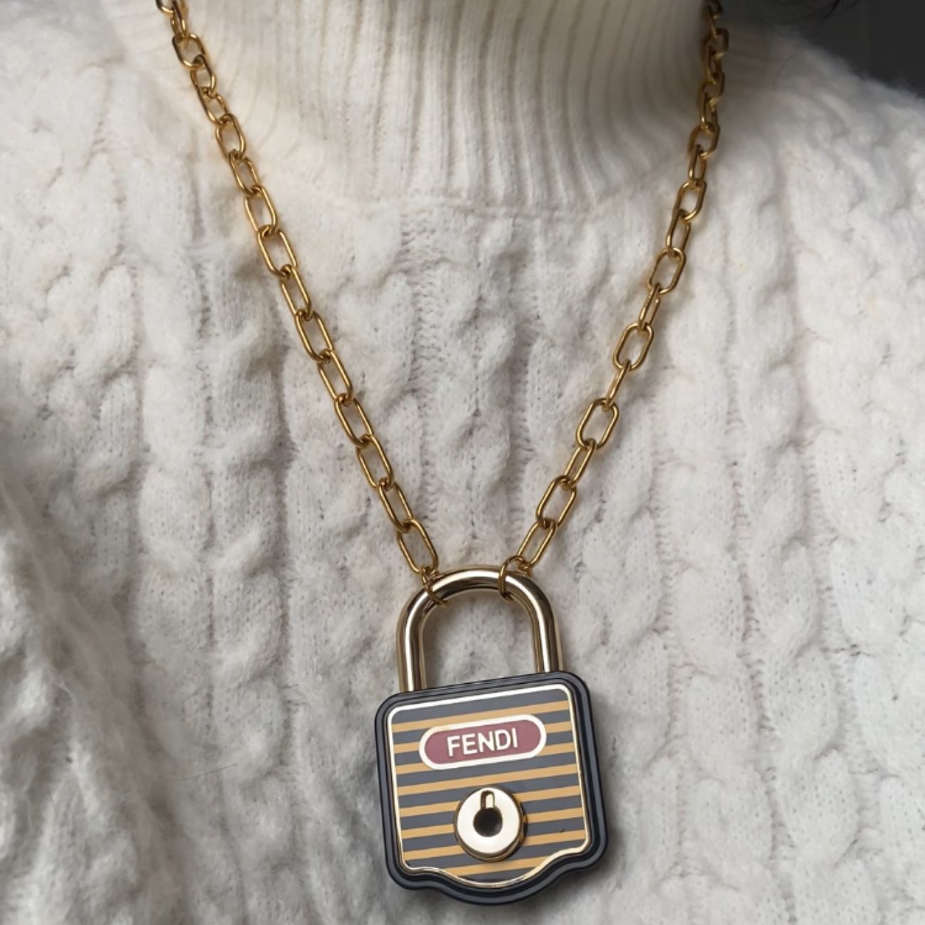 Authentic Fendi Pecan Padlock with Key on Chain- Repurposed Necklace