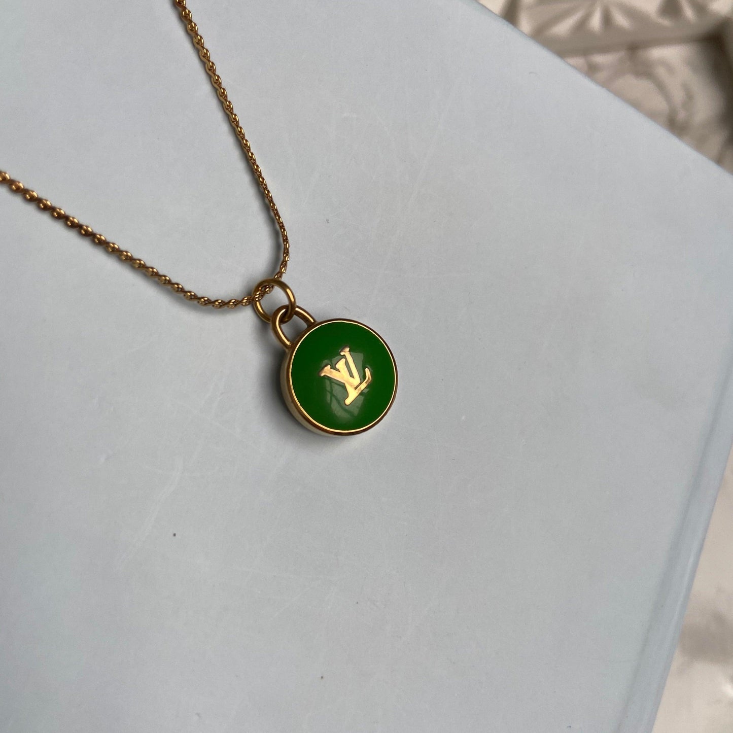 Authentic Louis Vuitton Logo Green Pendant- Necklaceloop