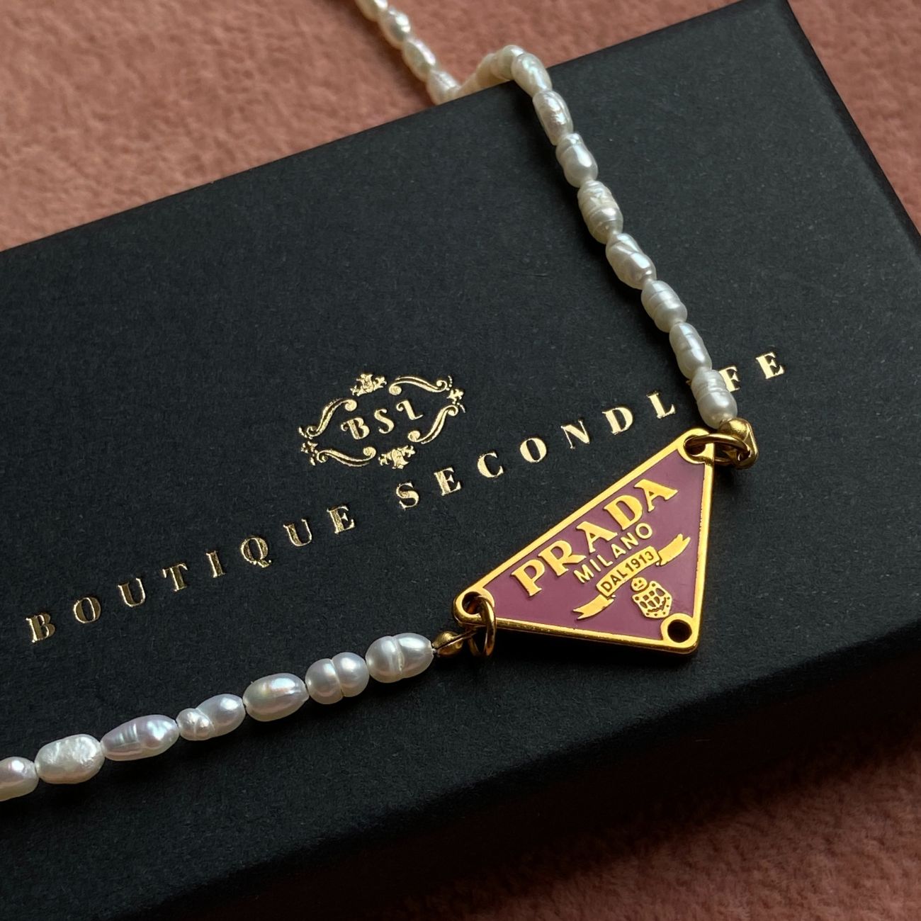 Repurposed Authentic Prada Pink tag - Pearls Necklace