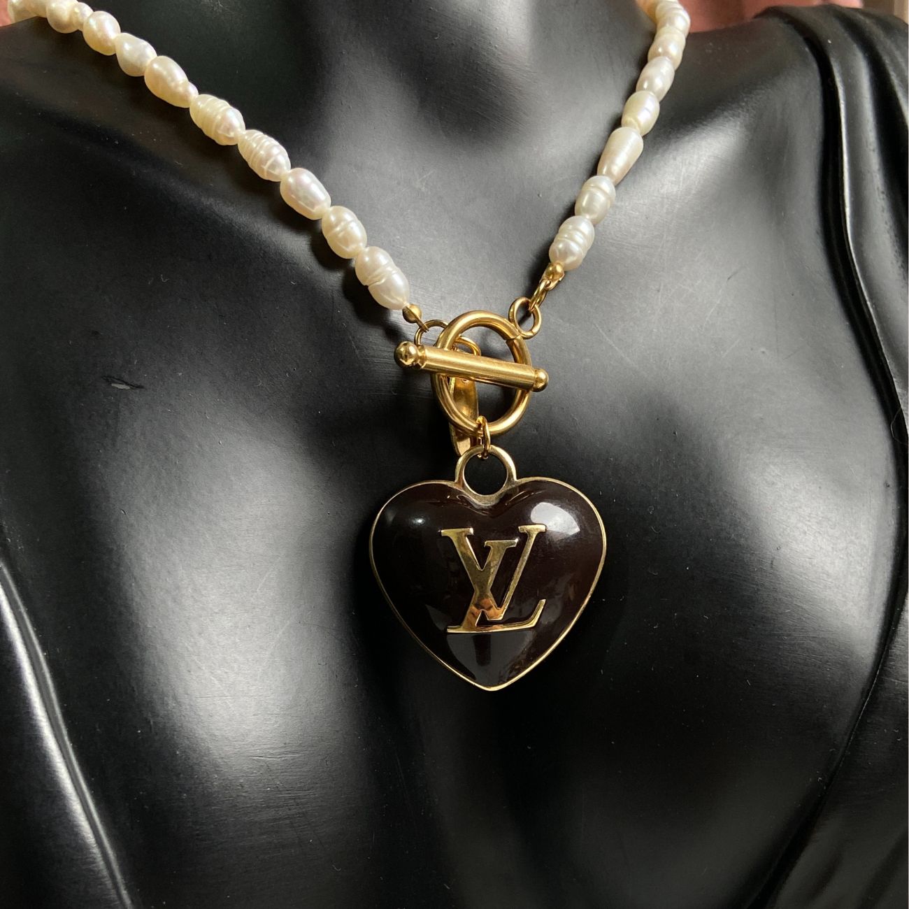 Authentic Louis Vuitton Heart Black Charm- Reworked Pearls Necklace