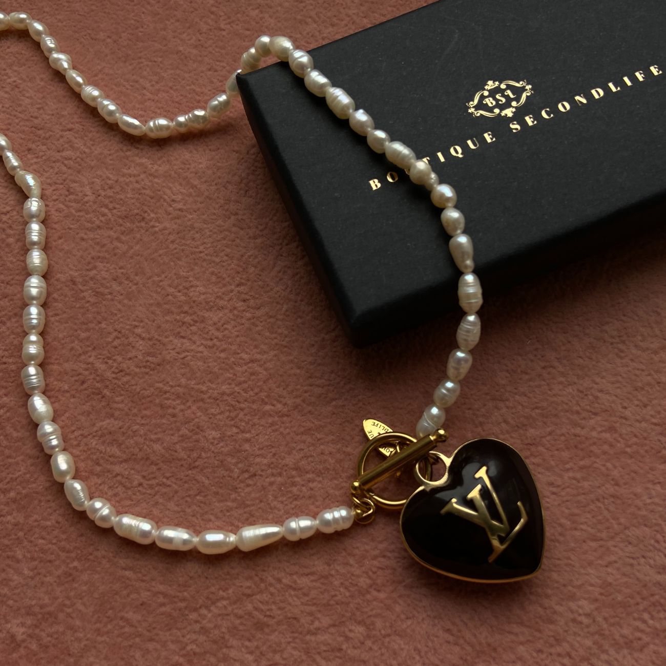 Authentic Louis Vuitton Heart Black Charm- Reworked Pearls Necklace