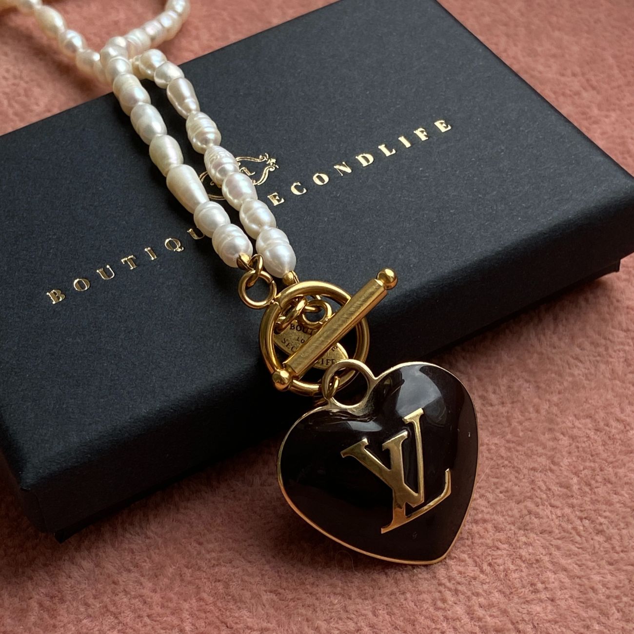 Authentic Louis Vuitton Heart Black Charm- Reworked Pearls Necklace