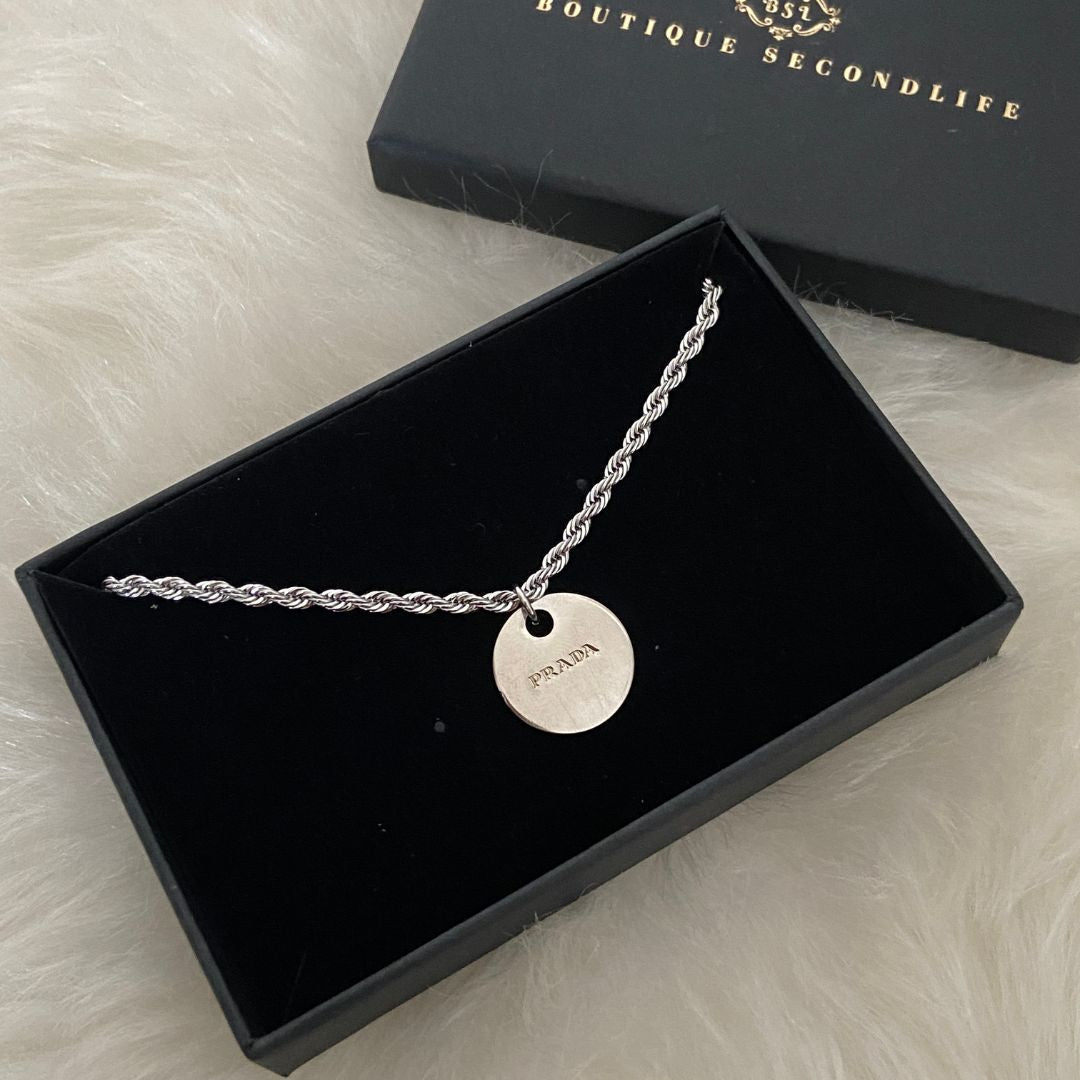 Authentic Silver Prada Mini circle tag - Repurposed Necklace