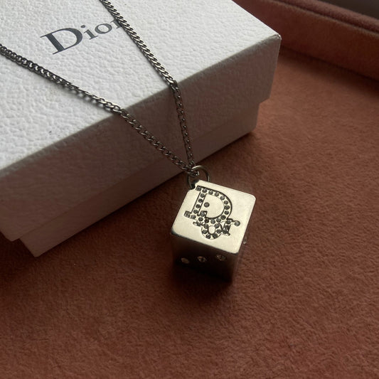 Authentic Dior Dice Rhinestone Logo Pendant- Reworked Necklace
