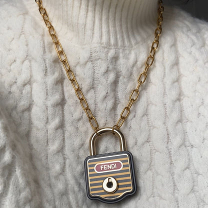 Authentic Fendi Pecan Padlock with Key on Chain- Repurposed Necklace