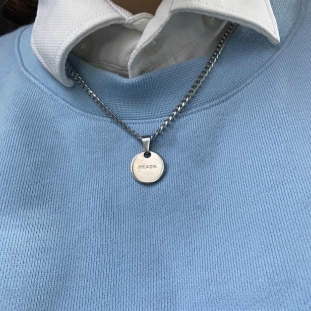 Authentic Silver Prada Mini circle tag - Repurposed Necklace
