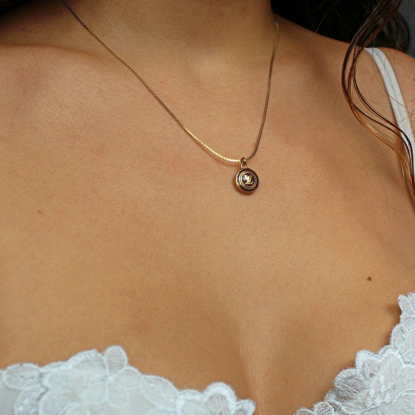 Authentic Louis Vuitton Nude Logo Chocolate Pendant Necklace