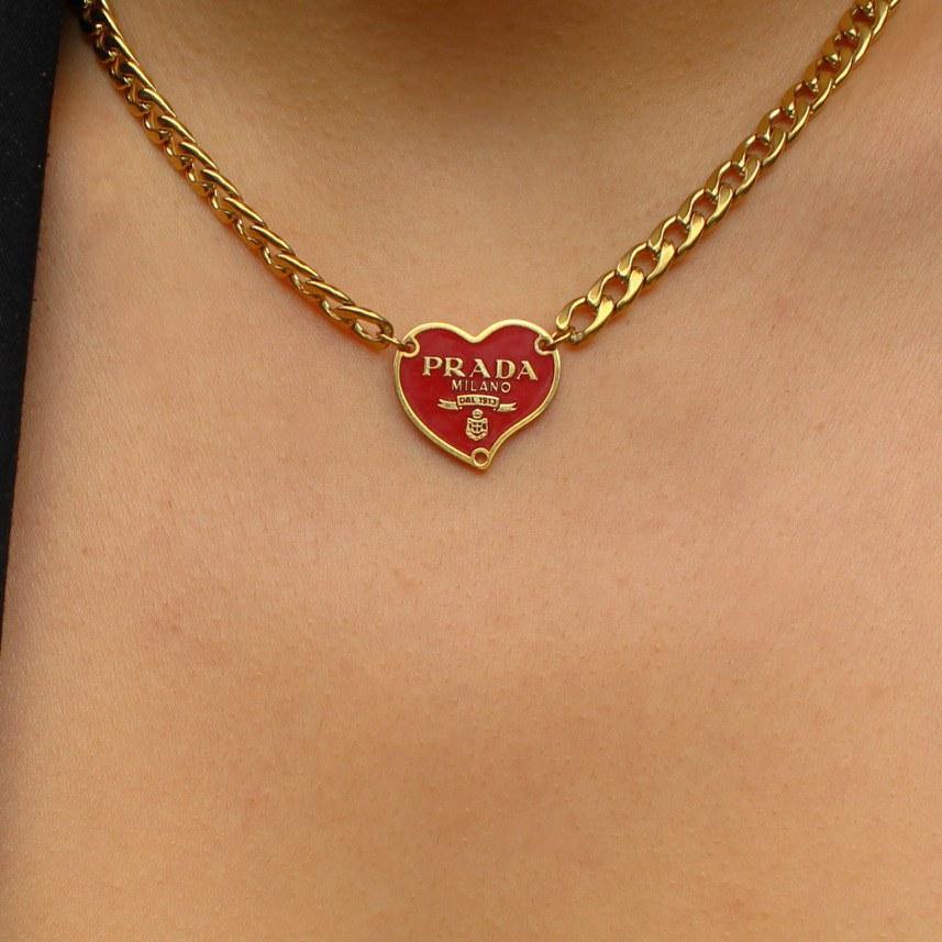 Authentic Prada Red Heart tag - Repurposed Necklace