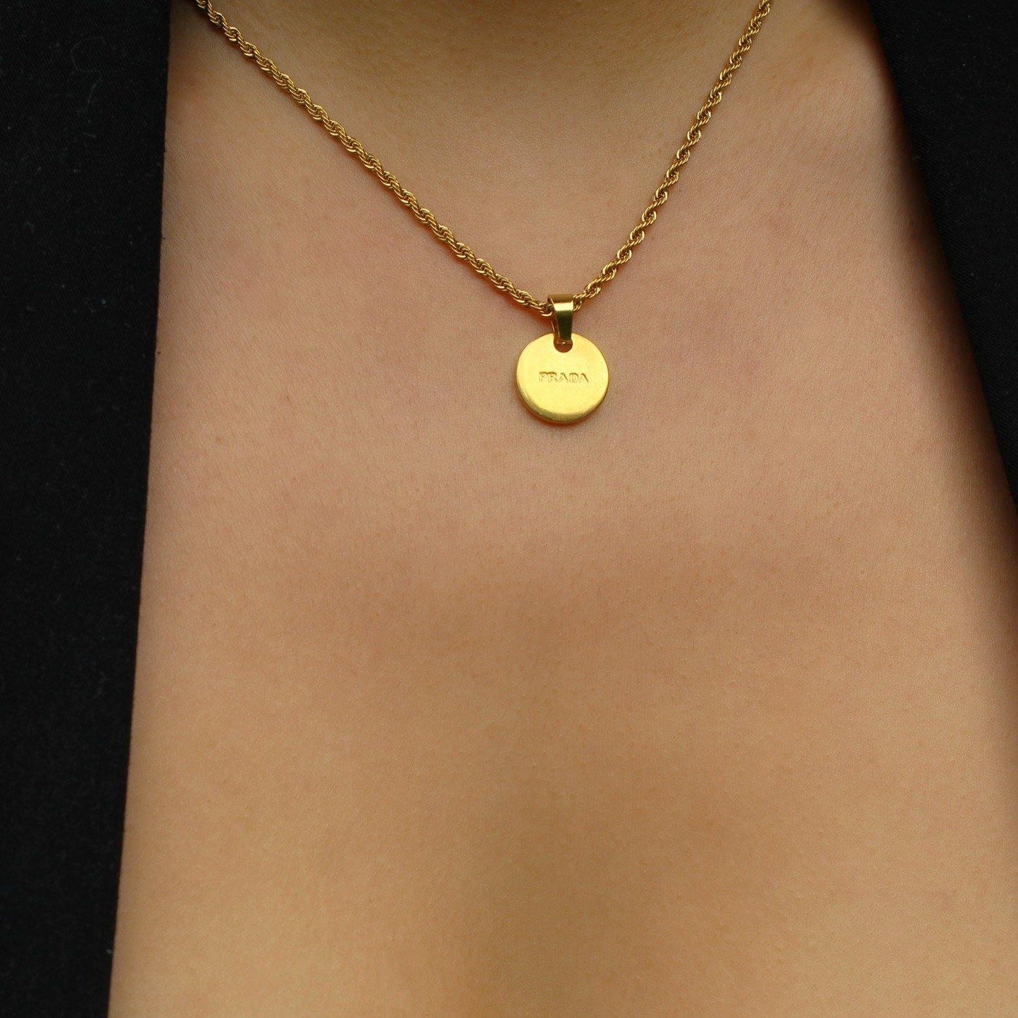 Repurposed Authentic Prada Mini circle tag - Necklace