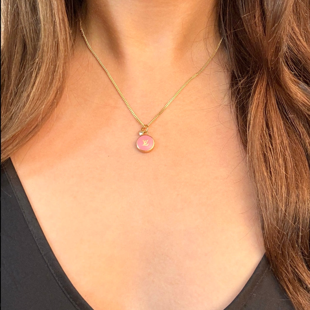 Authentic repurposed Louis Vuitton monogram necklace with crystal charm