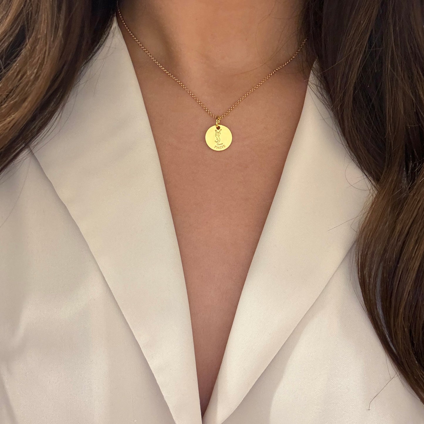 Authentic repurposed YSL logo coin necklace