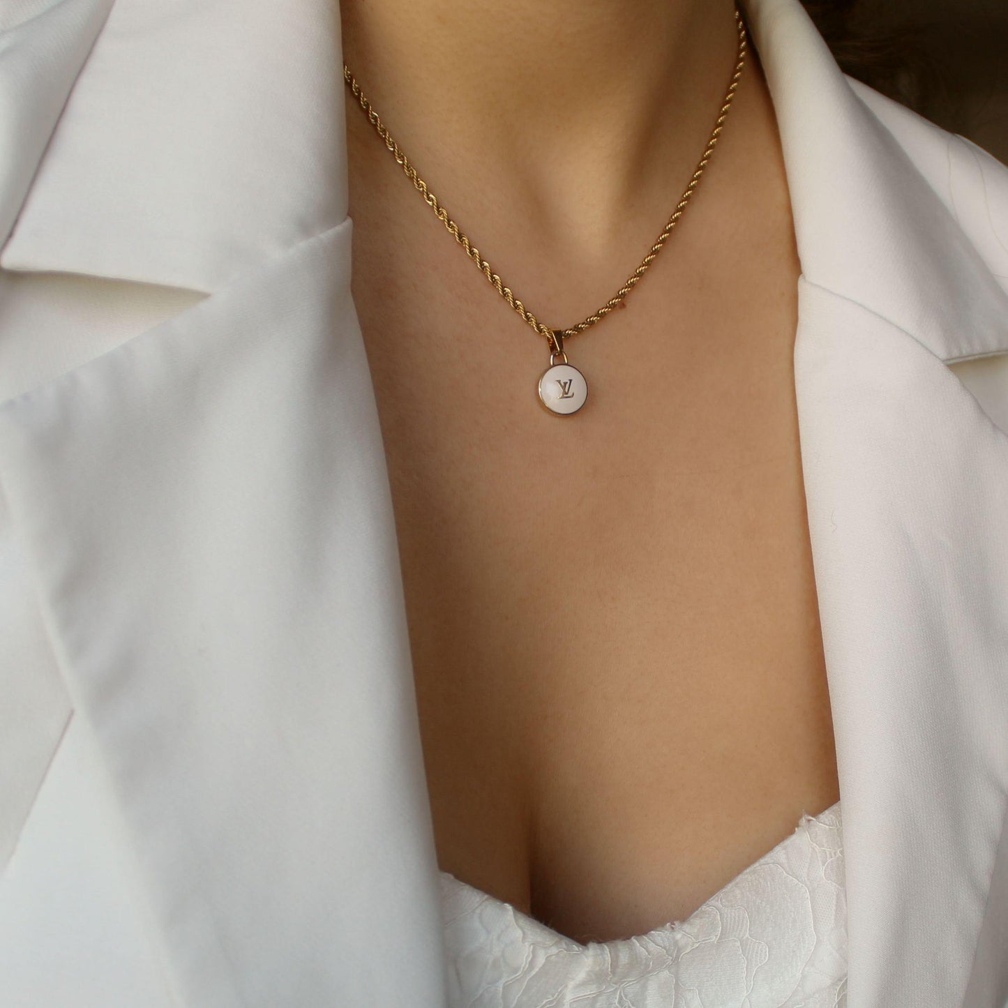 Authentic Louis Vuitton Logo White Pendant- Necklace