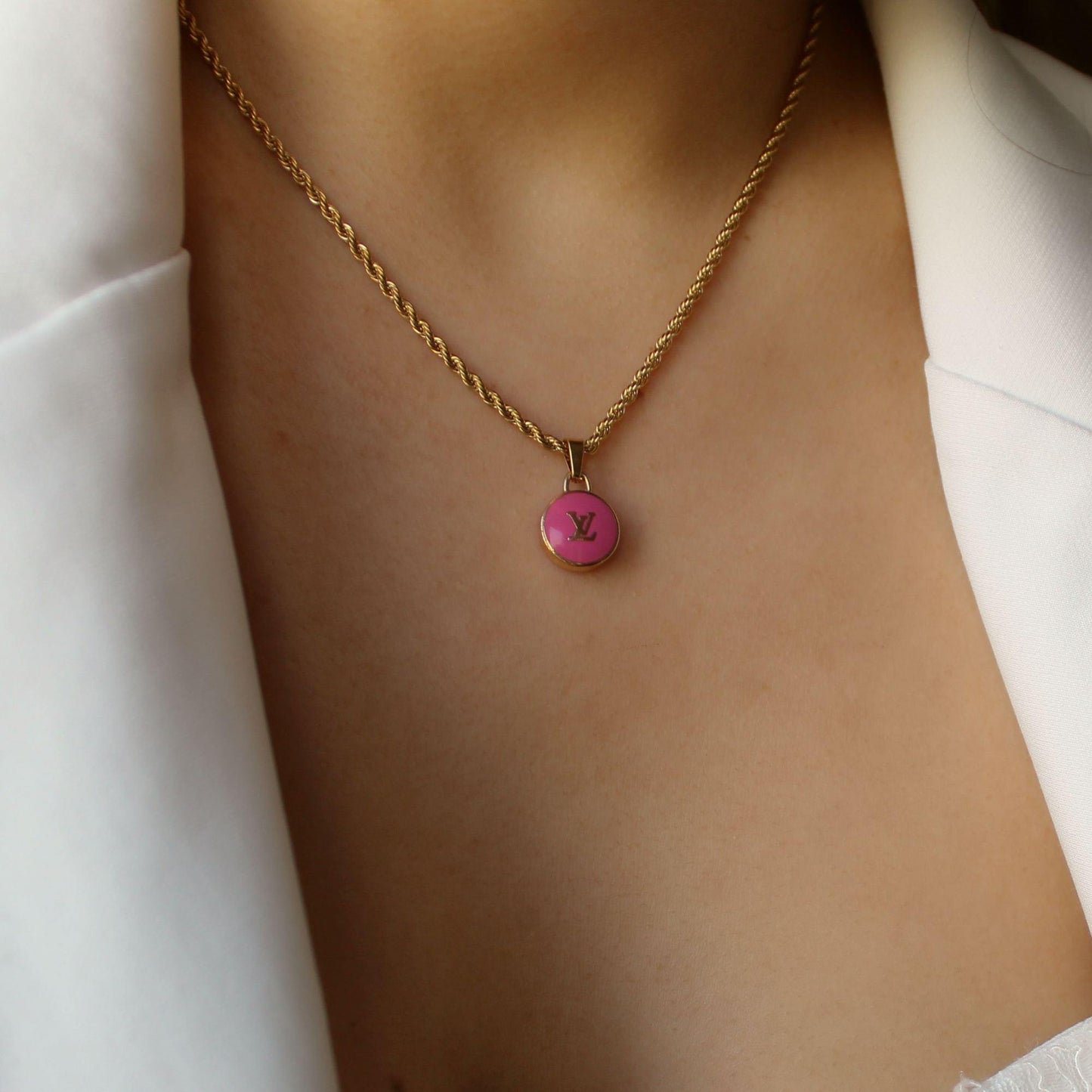 Authentic Louis Vuitton Logo Fucsia Pendant- Necklace