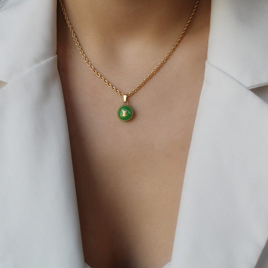 Authentic Louis Vuitton Logo Green Pendant- Necklace