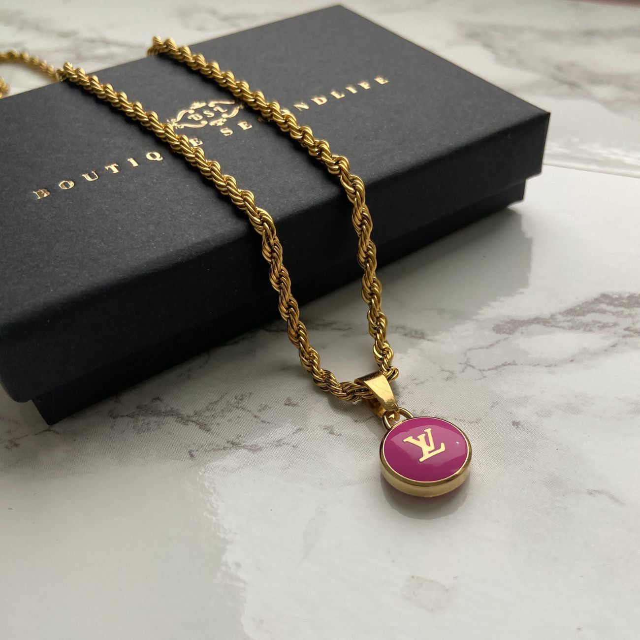 Authentic Louis Vuitton Logo Fucsia Pendant- Necklace