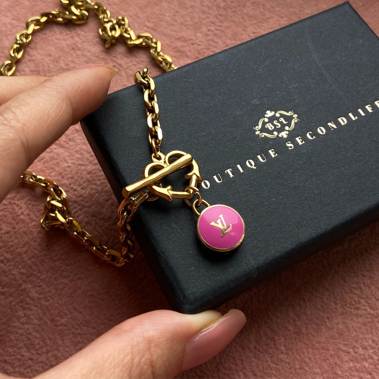 Authentic Louis Vuitton Logo Fuscia Pendant- Necklace