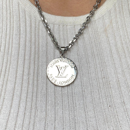 Authentic Louis Vuitton Silver Round Pendant- Reworked Necklace