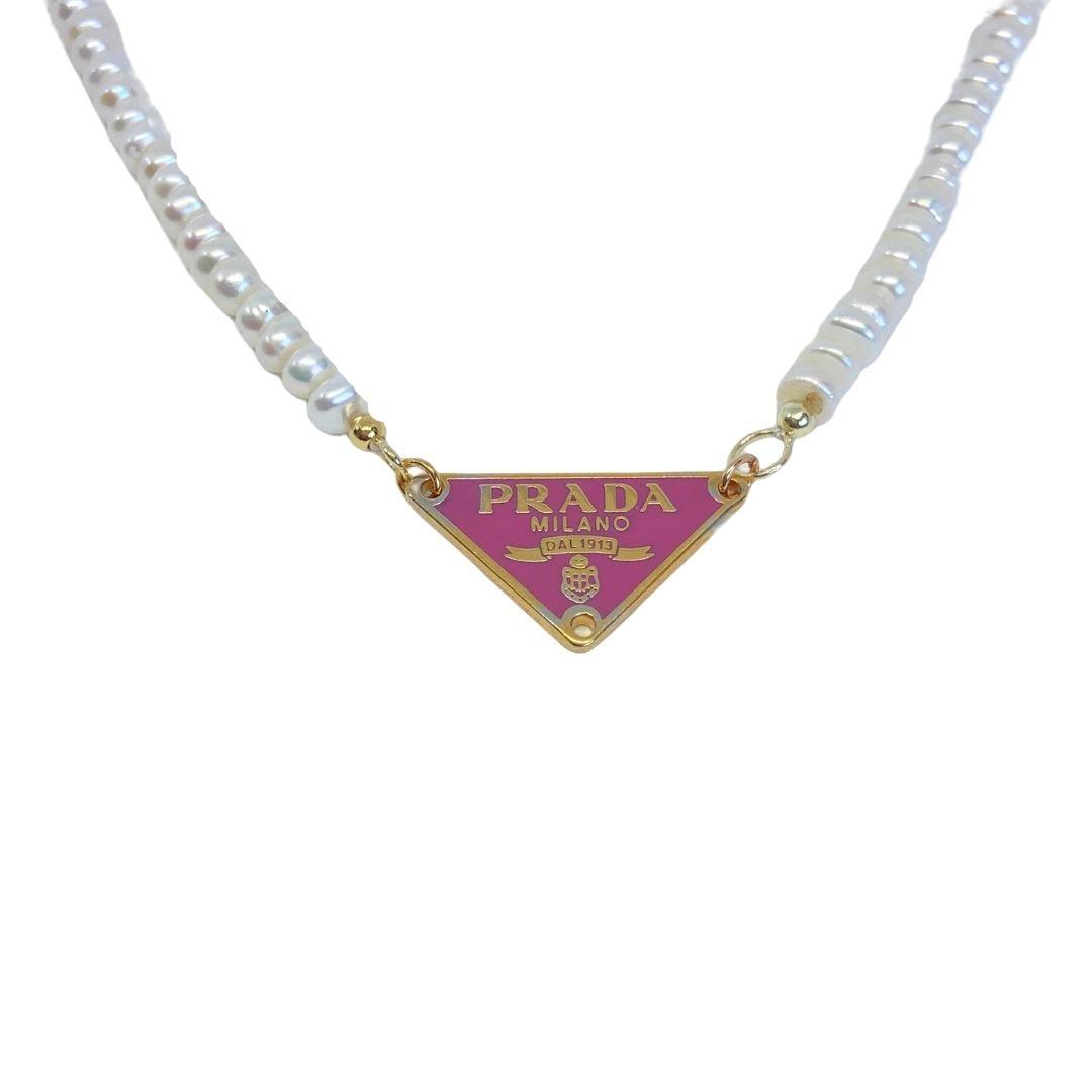 Repurposed Authentic Prada Pink tag - Pearls Necklace