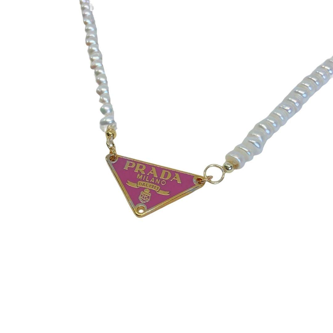 Repurposed Authentic Prada Pink tag - Pearls Necklace