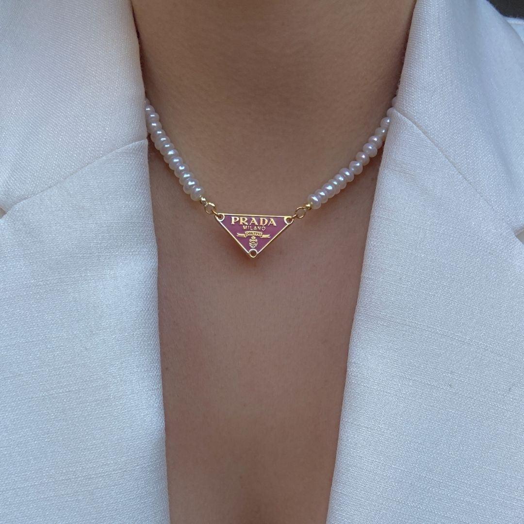 Repurposed Authentic Prada Pink tag - Pearls Necklace