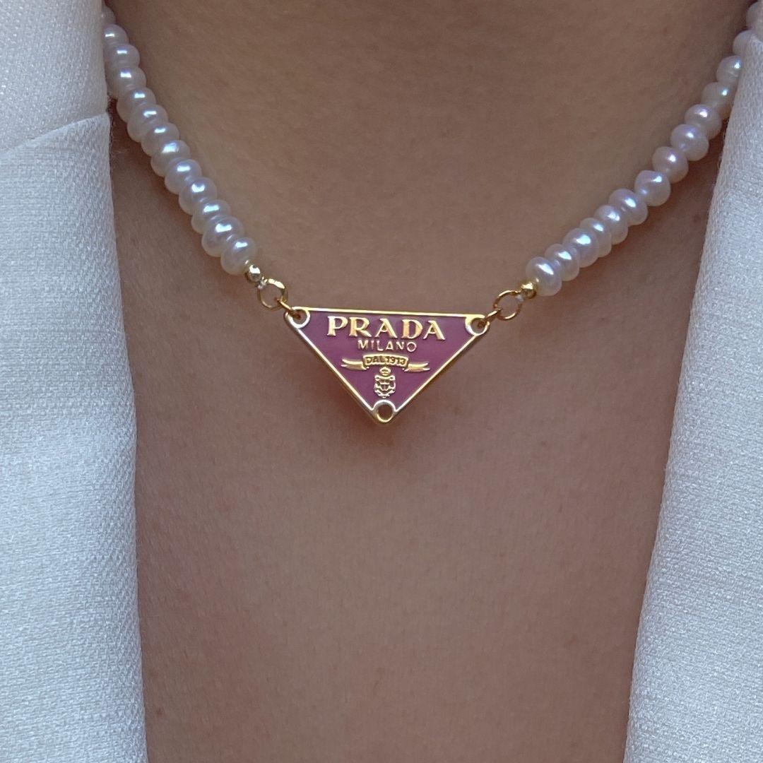 Repurposed Authentic Prada Pink tag - Pearls Necklace