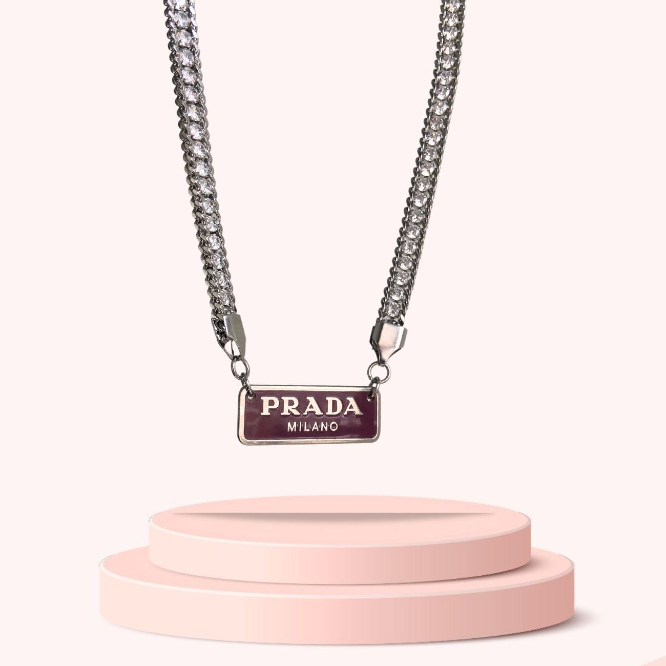Authentic Prada Square plaque tag - Repurposed Rhinestone Necklace