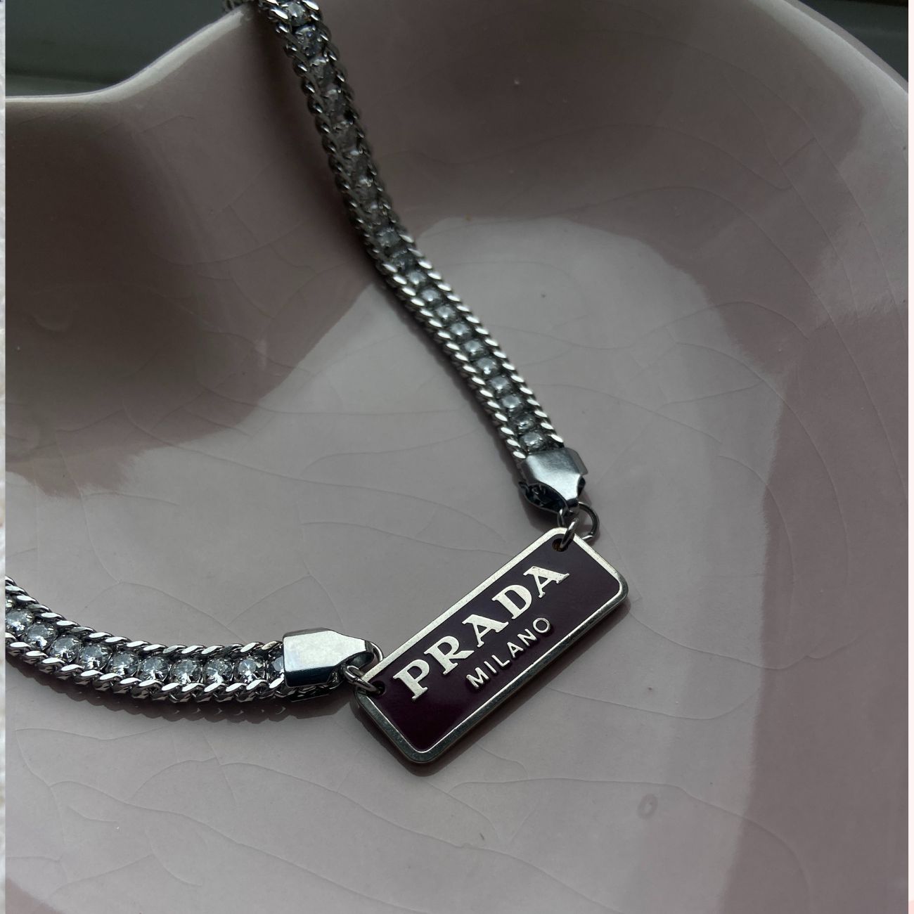 Authentic Prada Square plaque tag - Repurposed Rhinestone Necklace