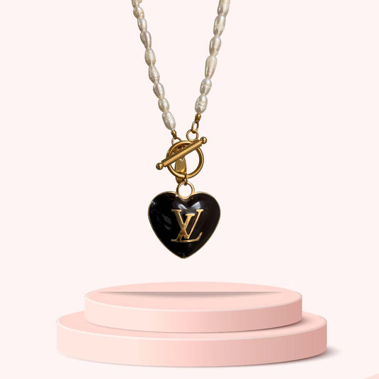 Authentic Louis Vuitton Heart Black Charm- Reworked Pearls Necklace